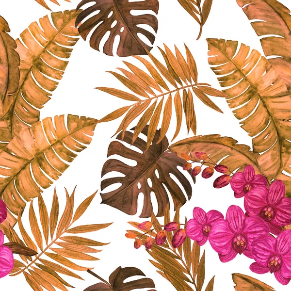 水彩熱帯の葉や蘭の花と装飾的なシームレスなパターン カラフルな手描きイラスト ハワイの夏 Print — ストック写真