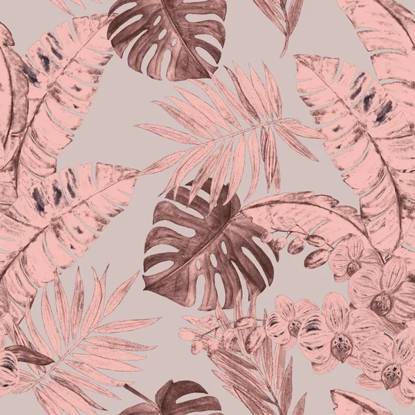 Abstrakcyjny Dekoracyjny Bezszwowy Wzór Akwarelowymi Liśćmi Tropikalnymi Monochromatyczna Ilustracja Ręcznie — Zdjęcie stockowe
