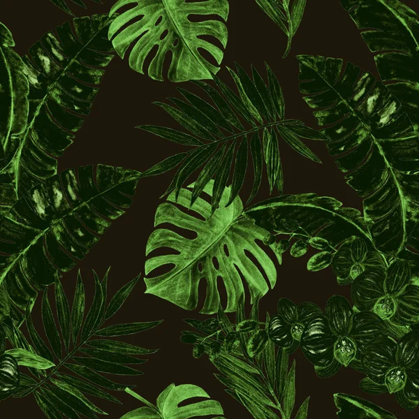 Αφηρημένο Διακοσμητικό Μοτίβο Χωρίς Ραφή Υδατογραφία Τροπικά Φύλλα Μονόχρωμη Ζωγραφισμένη — Φωτογραφία Αρχείου