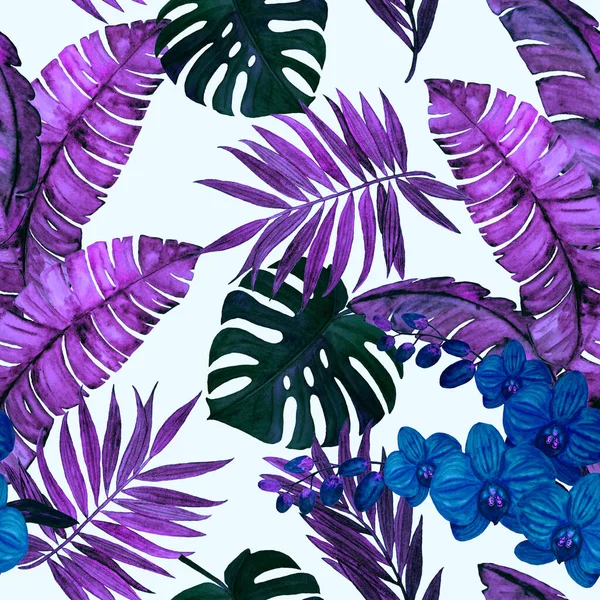 装饰无缝图案 水彩斑斓的热带树叶和兰花 色彩艳丽的手绘插图 夏威夷夏季异国情调印刷品 — 图库照片