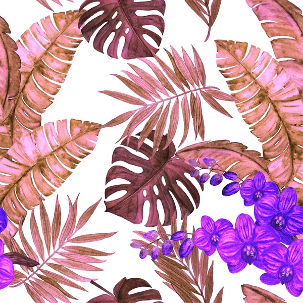 Padrão Sem Costura Decorativo Com Aquarela Folhas Tropicais Flores Orquídeas — Fotografia de Stock