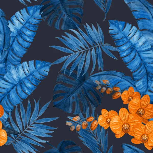 Patrón Sin Costura Decorativo Abstracto Con Hojas Tropicales Acuarela Flores — Foto de Stock