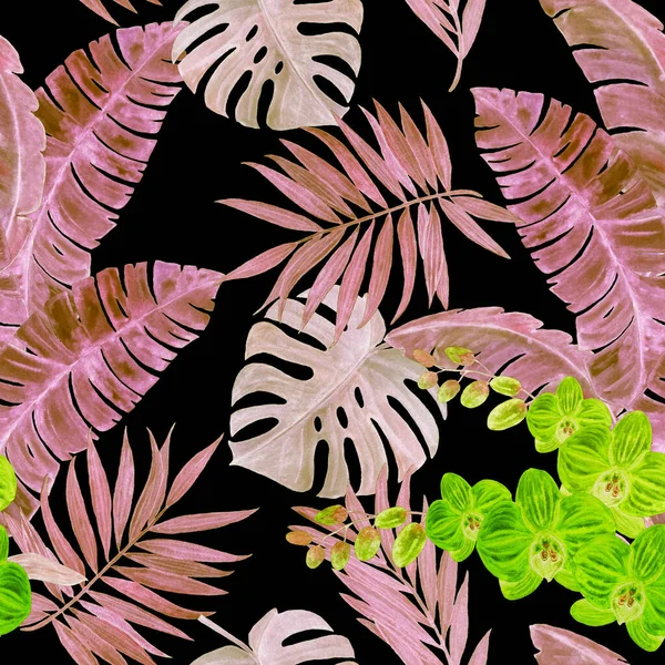 Abstracte Decoratieve Naadloze Patroon Met Aquarel Tropische Bladeren Orchidee Bloemen — Stockfoto