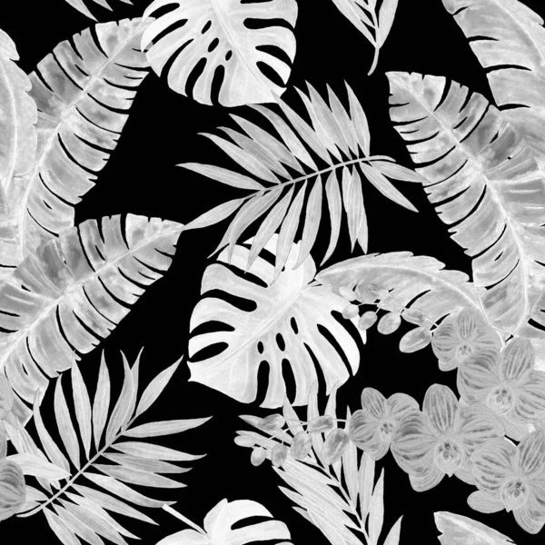 Αφηρημένο Διακοσμητικό Μοτίβο Χωρίς Ραφή Υδατογραφία Τροπικά Φύλλα Μονόχρωμη Ζωγραφισμένη — Φωτογραφία Αρχείου