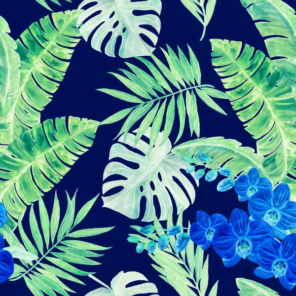 Dekoracyjny Bezszwowy Wzór Akwarelą Tropikalnych Liści Kwiatów Storczyka Kolorowe Ręcznie — Zdjęcie stockowe