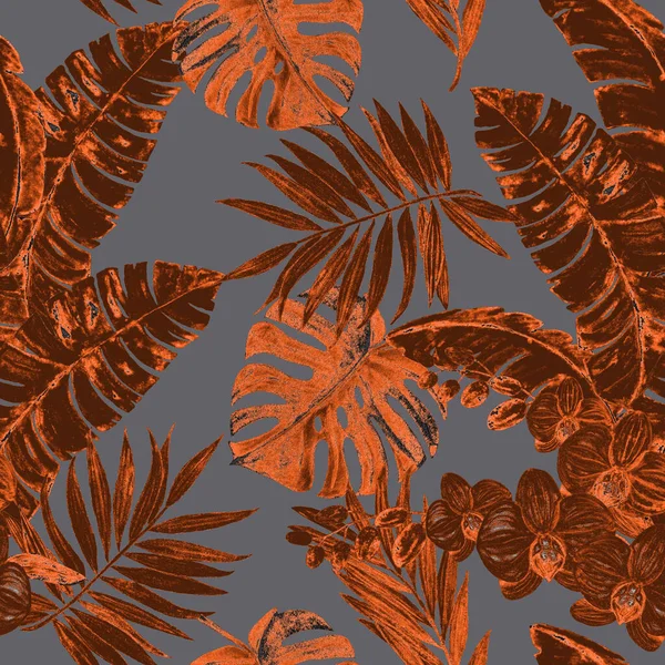 水彩熱帯の葉や蘭の花と装飾的なシームレスなパターン カラフルな手描きイラスト ハワイの夏 Print — ストック写真