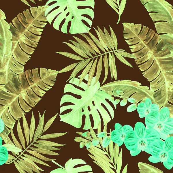 Декоративна Картина Акварельними Тропічними Листками Квітами Орхідей Кольоровий Малюнок Руки — стокове фото