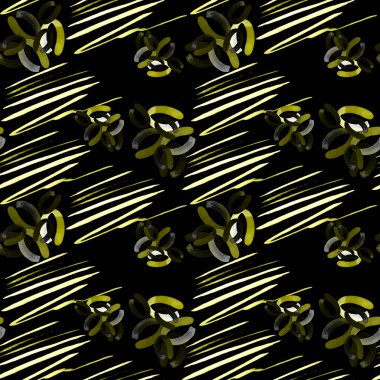 Siyahın üzerinde parlak ve soyut elementler olan yaratıcı, kusursuz bir desen. Her türlü tasarım için renkli bir doku. Suluboya soyut arkaplan. Çağdaş sanat. 