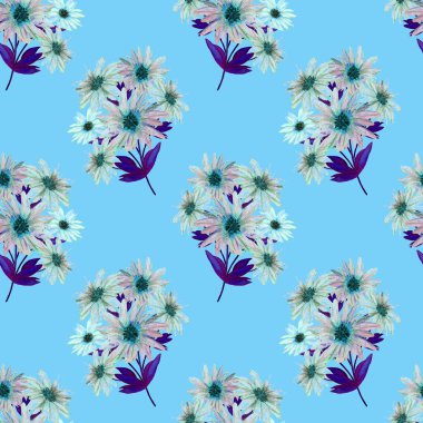 Çiçeksiz desenli, güzel çiçek açan papatyalar. Suluboya çiçek izi. Yaz tebrik kartı.. 