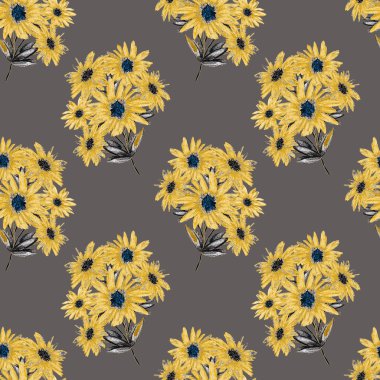 Çiçeksiz altın desenli, güzel çiçek açan papatyalar. Suluboya çiçek izi. Yaz tebrik kartı. . 