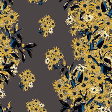 Çiçeksiz altın desenli, güzel çiçek açan papatyalar. Suluboya çiçek izi. Yaz tebrik kartı. . 