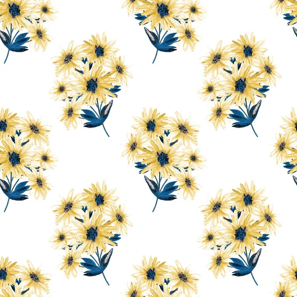 Květinový Hladký Zlatý Vzor Krásnými Kvetoucími Heřmánky Otisk Akvarelu Letní — Stock fotografie