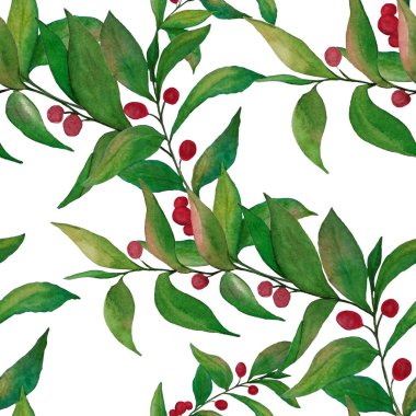 Yeşil dalları olan dikişsiz suluboya desen. Herhangi bir amaç için parlak yaz ya da bahar baskısı. Klasik doğal model. Organik arkaplan.