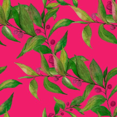 Yeşil dalları olan dikişsiz suluboya desen. Herhangi bir amaç için parlak yaz ya da bahar baskısı. Klasik doğal model. Organik arkaplan.