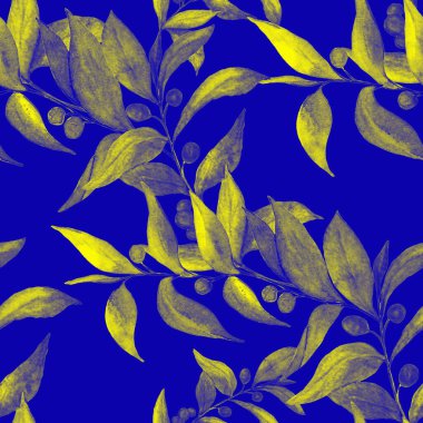 Yeşil dalları olan dikişsiz suluboya desen. Herhangi bir amaç için parlak yaz ya da bahar baskısı. Klasik doğal model. Organik arkaplan.