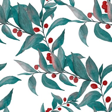 Yeşil dalları olan dikişsiz suluboya desen. Herhangi bir amaç için parlak yaz ya da bahar baskısı. Klasik doğal model. Organik arkaplan.