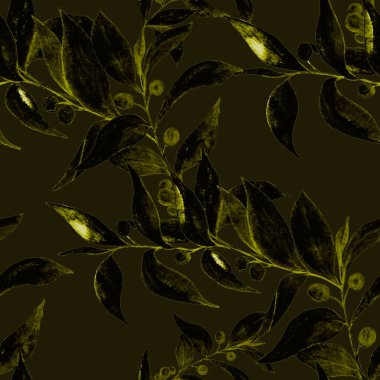 Yeşil dalları olan dikişsiz suluboya desen. Herhangi bir amaç için tek renkli yaz ya da bahar baskısı. Klasik doğal model. Organik arkaplan.