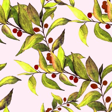 Yeşil dalları olan dikişsiz suluboya desen. Herhangi bir amaç için parlak yaz ya da bahar baskısı. Klasik doğal model. Organik arkaplan.