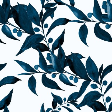 Yeşil dalları olan dikişsiz suluboya desen. Herhangi bir amaç için tek renkli yaz ya da bahar baskısı. Klasik doğal model. Organik arkaplan.