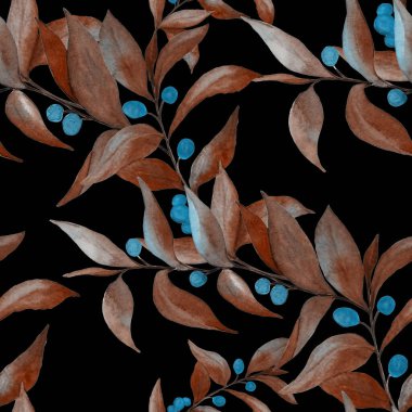 Siyah üzerine yeşil dalları olan dikişsiz suluboya desen. Herhangi bir amaç için parlak yaz ya da bahar baskısı. Klasik doğal model. Organik arkaplan.