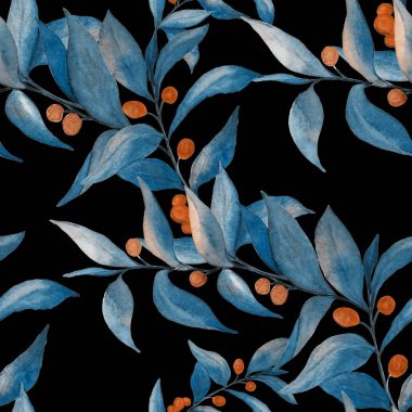 Siyah üzerine yeşil dalları olan dikişsiz suluboya desen. Herhangi bir amaç için parlak yaz ya da bahar baskısı. Klasik doğal model. Organik arkaplan.