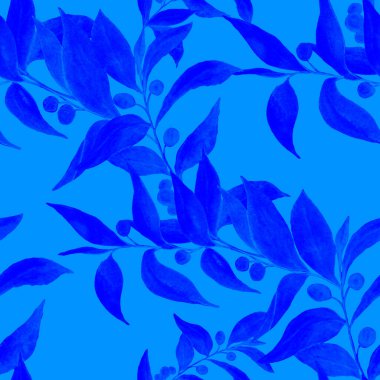 Yeşil dalları olan dikişsiz suluboya desen. Herhangi bir amaç için tek renkli yaz ya da bahar baskısı. Klasik doğal model. Organik arkaplan.