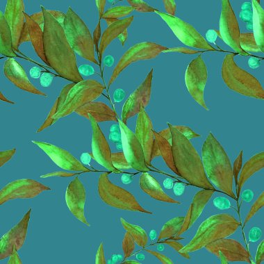 Yeşil dalları olan dikişsiz suluboya desen. Herhangi bir amaç için parlak yaz ya da bahar baskısı. Klasik doğal model. Organik arkaplan.