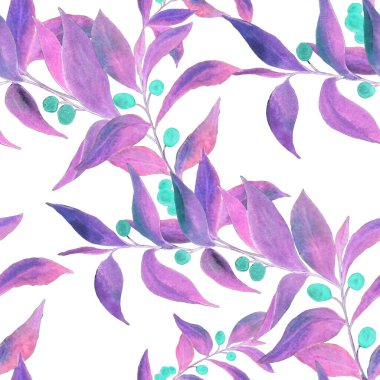 Yeşil dalları olan dikişsiz suluboya desen. Ne amaçla olursa olsun parlak neon yaz ya da bahar baskısı. Klasik doğal model. Organik arkaplan.