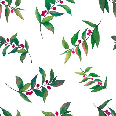 Yeşil dalları olan dikişsiz suluboya desen. Herhangi bir amaç için parlak yaz ya da bahar baskısı. Klasik doğal model. Organik arkaplan.