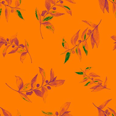 Yeşil dalları olan dikişsiz suluboya desen. Herhangi bir amaç için parlak yaz ya da bahar baskısı. Klasik doğal model. Organik arkaplan.