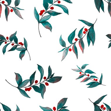 Yeşil dalları olan dikişsiz suluboya desen. Herhangi bir amaç için parlak yaz ya da bahar baskısı. Klasik doğal model. Organik arkaplan.