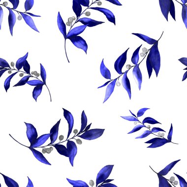 Yeşil dalları olan dikişsiz suluboya desen. Herhangi bir amaç için tek renkli yaz ya da bahar baskısı. Klasik doğal model. Organik arkaplan.