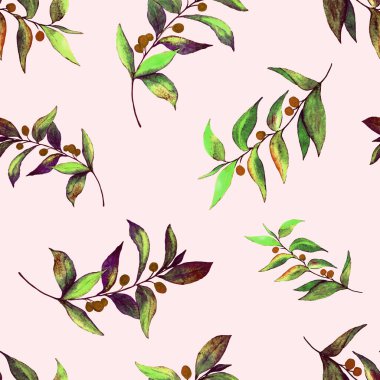 Yeşil dalları olan dikişsiz suluboya desen. Herhangi bir amaç için parlak yaz ya da bahar baskısı. Klasik doğal model. Organik arkaplan.