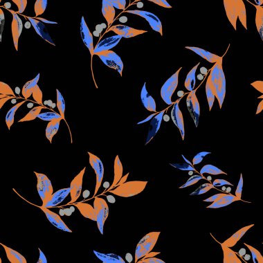 Siyah üzerine yeşil dalları olan dikişsiz suluboya desen. Herhangi bir amaç için parlak yaz ya da bahar baskısı. Klasik doğal model. Organik arkaplan.