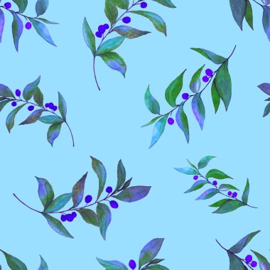 Yeşil dalları olan dikişsiz suluboya desen. Herhangi bir amaç için parlak yaz ya da bahar baskısı. Klasik doğal model. Organik arkaplan.