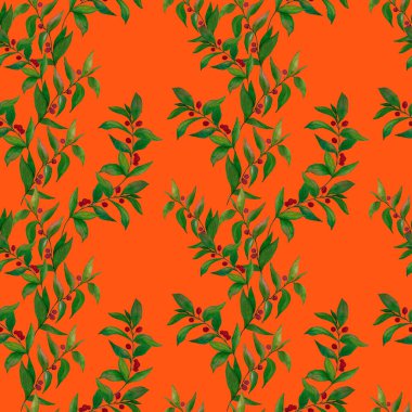 Yeşil dalları olan dikişsiz suluboya desen. Herhangi bir amaç için parlak yaz ya da bahar baskısı. Klasik doğal model. Organik arkaplan.