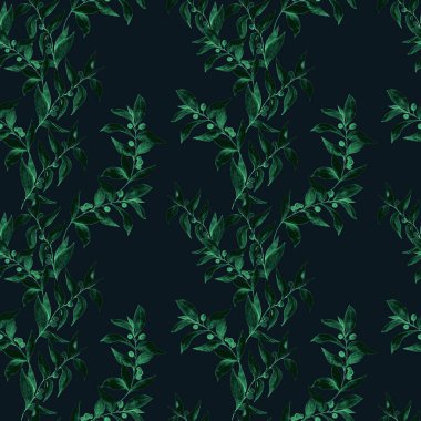 Yeşil dalları olan dikişsiz suluboya desen. Herhangi bir amaç için tek renkli yaz ya da bahar baskısı. Klasik doğal model. Organik arkaplan.