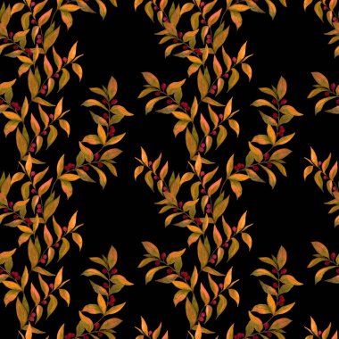 Siyah üzerine yeşil dalları olan dikişsiz suluboya desen. Herhangi bir amaç için parlak yaz ya da bahar baskısı. Klasik doğal model. Organik arkaplan.