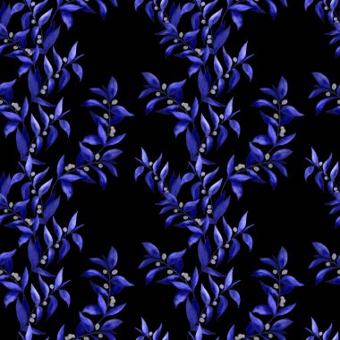 Siyah üzerine yeşil dalları olan dikişsiz suluboya desen. Herhangi bir amaç için parlak yaz ya da bahar baskısı. Klasik doğal model. Organik arkaplan.