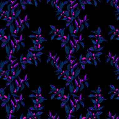 Siyah üzerine yeşil dalları olan dikişsiz suluboya desen. Herhangi bir amaç için parlak yaz ya da bahar baskısı. Klasik doğal model. Organik arkaplan.