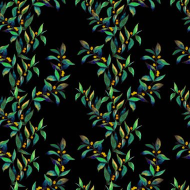 Siyah üzerine yeşil dalları olan dikişsiz suluboya desen. Herhangi bir amaç için parlak yaz ya da bahar baskısı. Klasik doğal model. Organik arkaplan.