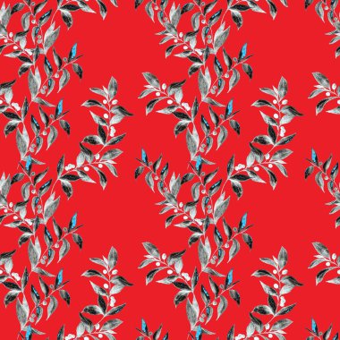 Yeşil dalları olan dikişsiz suluboya desen. Herhangi bir amaç için parlak yaz ya da bahar baskısı. Klasik doğal model. Organik arkaplan.