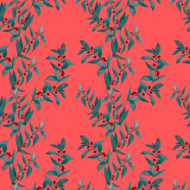 Yeşil dalları olan dikişsiz suluboya desen. Herhangi bir amaç için parlak yaz ya da bahar baskısı. Klasik doğal model. Organik arkaplan.