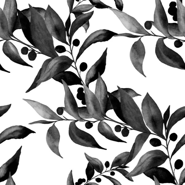 緑の枝と水彩シームレスパターン 単色夏または任意の目的のための春の印刷 ヴィンテージのナチュラルパターン 有機的背景 — ストック写真