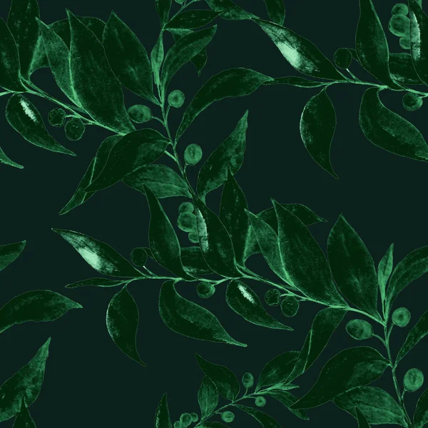 Akvarell Zökkenőmentes Minta Zöld Ágak Monokróm Nyári Vagy Tavaszi Nyomtatás — Stock Fotó