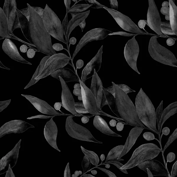 Акварель Бесшовный Узор Зелеными Ветвями Черном Яркий Летний Весенний Отпечаток — стоковое фото