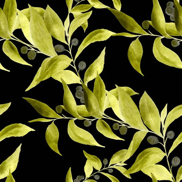 黒い上に緑の枝と水彩シームレスパターン 明るい夏や春の印刷任意の目的のために ヴィンテージのナチュラルパターン 有機的背景 — ストック写真