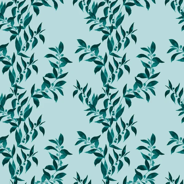 Watercolor seamless pattern with green branches. Monochrome summer or spring print for any purposes. Vintage natural pattern. Organic background.