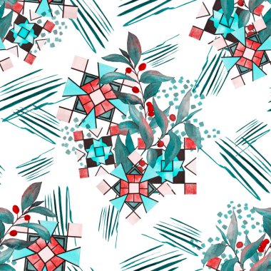 Zeytin dalları ve soyut elementlerle yaratıcı, pürüzsüz desen. Her türlü tasarım için renkli bir doku. Çağdaş sanat. Moda tarzı.