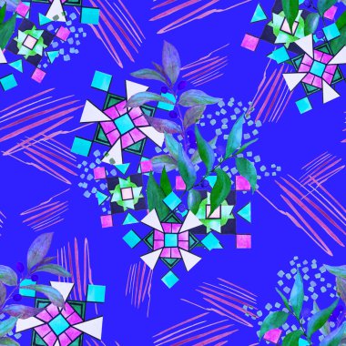 Zeytin dalları ve soyut elementlerle yaratıcı, pürüzsüz desen. Her türlü tasarım için renkli bir doku. Çağdaş sanat. Moda tarzı.